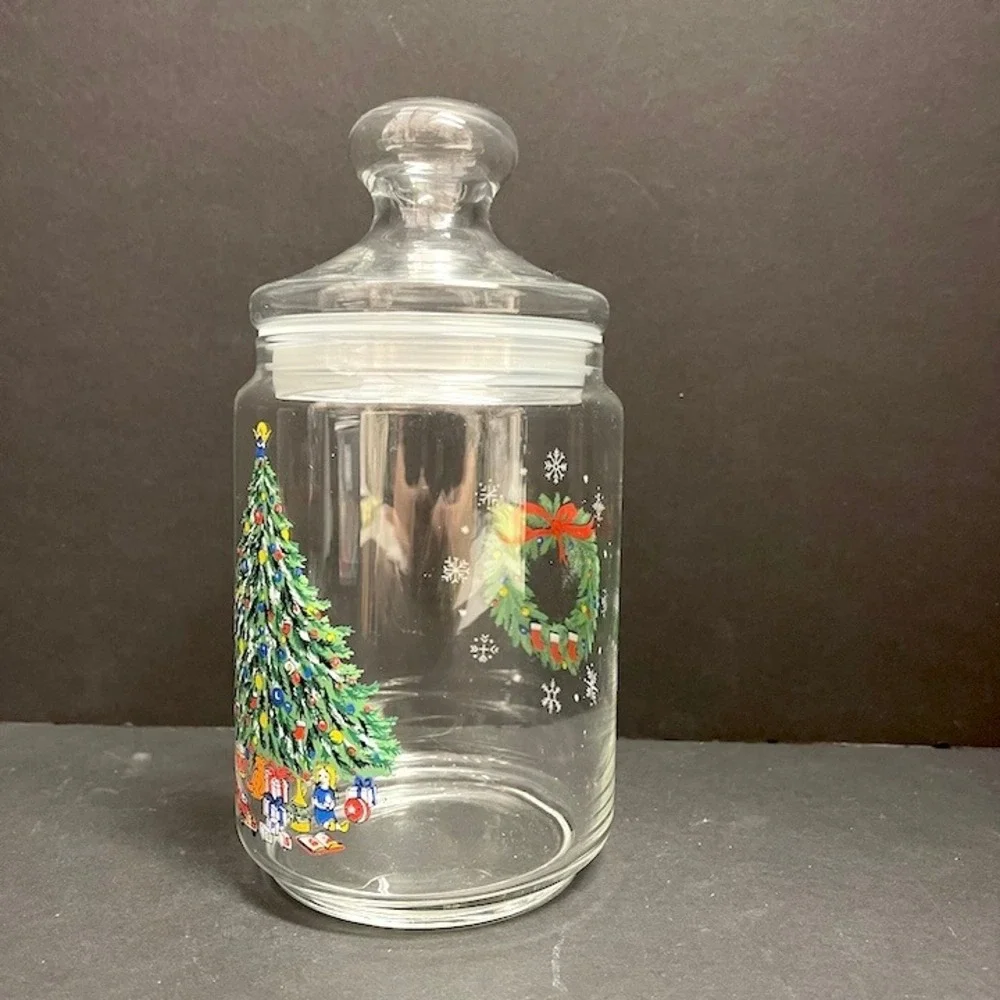 Vintage Christmas Tree and Wreath Clear Glass Cookie Jar Canister with Lid 8.5